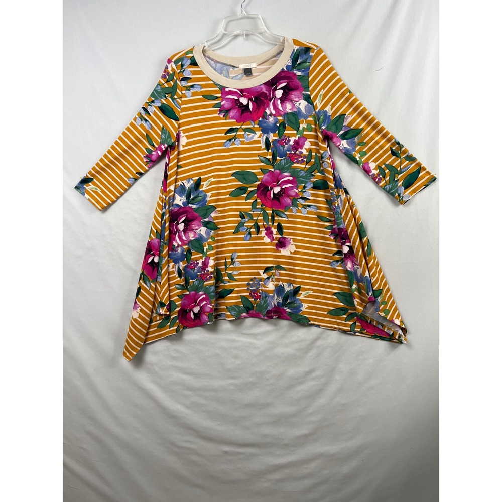 Oddy Tunic Top Women L Mustard Yellow Floral Striped Asymmetrical 3/4 Sleeve